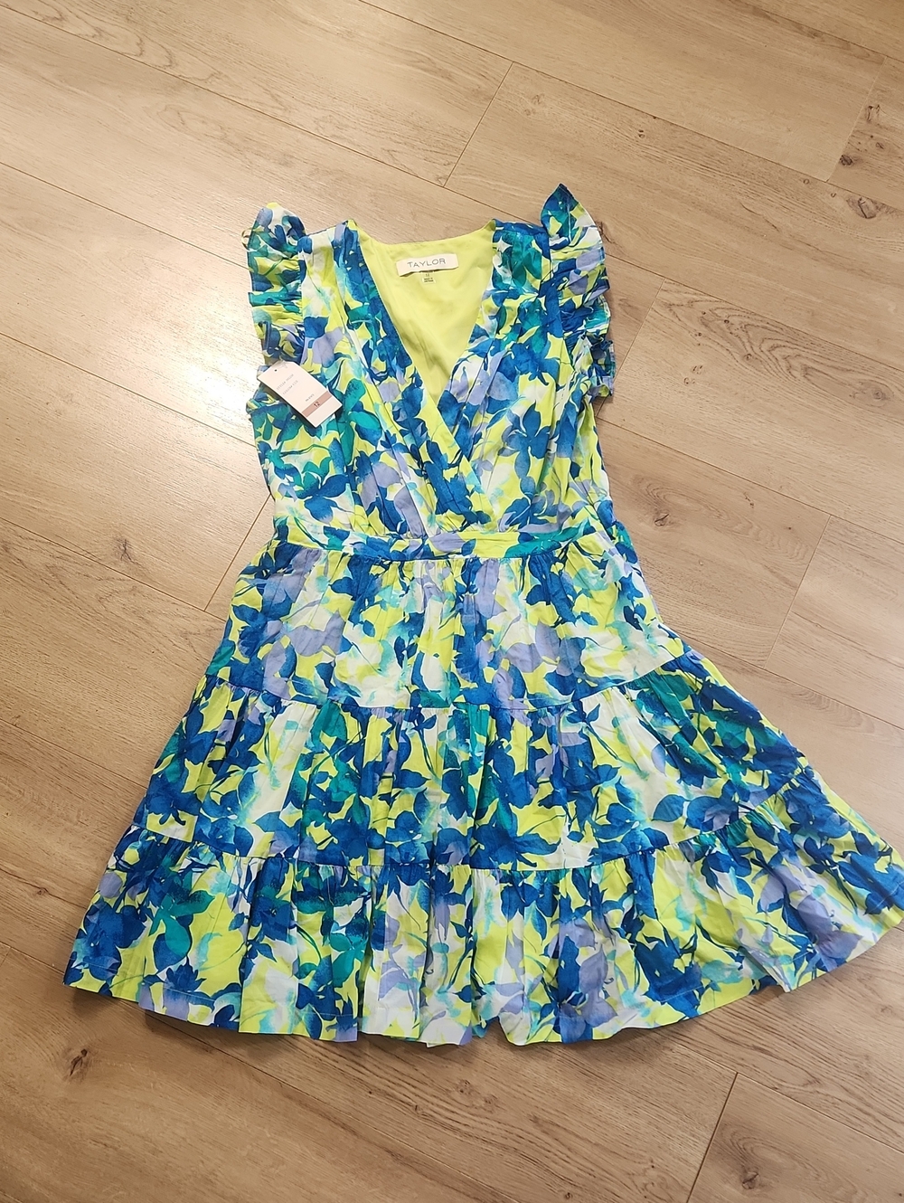 Taylor Blue & Lime Floral Ruffle Wrap Dress